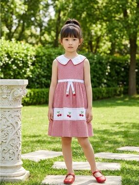 Youngland Girls Gingham Embroidered Cheery Dress